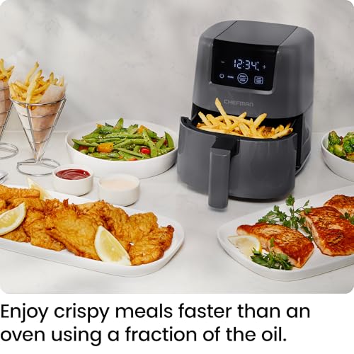 CHEFMAN 2 Qt Mini Air Fryer – Digital Space-Saving Compact Air Fryer with Nonstick and Dishwasher Safe Basket, Quick & Easy Meals in Minutes, Features Digital Timer and Shake Reminder – Grey