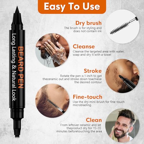 3-Pack Beard Pen Filler for Men, Waterproof & Sweat Proof Long-Lasting Beard Pen Kit with 2 Fillers & 1 Double-Headed Brush ? Effectively Enhances Facial Hair (Black)