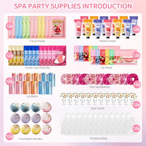 108 PCS Spa Party Supplies for Girls & Women, Spa Party Favors Include Face Masks Skincare, Hand Cream, Lip Balm, Under Eye Patches, Lip Mask and Foot Bath Bombs, Spa Birthday Sleepover Party Supplies