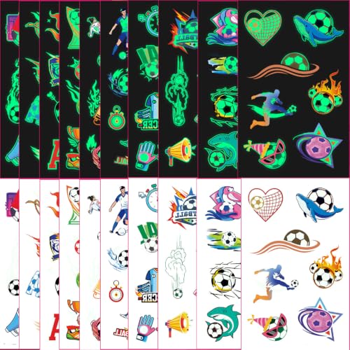 Glow-in-the-Dark Soccer Temporary Tattoos, 10 Sheets Waterproof