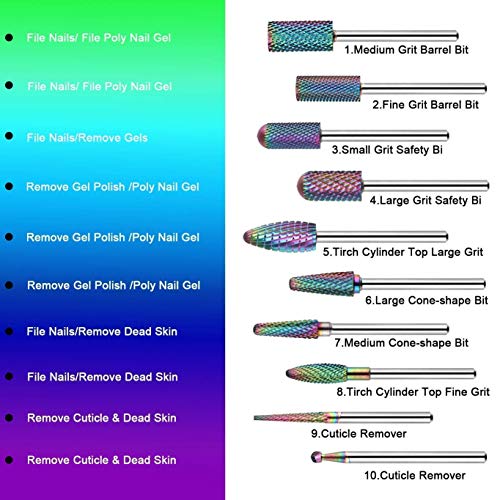 Makartt Nail Drill Bits Set 10Pcs Bundle with Safety Nail Drill Bits, Tungsten Carbide Nail Drill Bits, 3/32 inch for Acrylic Gel Nails Cuticle Manicure Pedicure