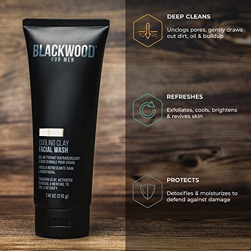 Blackwood For Men Cooling Clay Face Wash - Activated Charcoal, Menthol, & Tanakura Clay Cleanser & Mask for Deep Cleansing & Acne Treatment - Sulfate Free, Paraben Free, & Cruelty Free (7.41 oz)