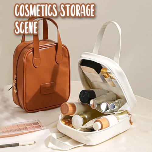Brown Leather Makeup Bag with Dividers & Travel Organizer