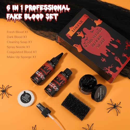 6 IN 1 Fake Blood Kit£¬Fake Blood 1.69oz X2 + Coagulated Blood 1.41oz+Spray Head+Dripping Head+Soap+Sponge¡¼Washable¡½¡¼Realistic Effect¡½¡¼Skin Friendly¡½Professional Fake Blood Makeup Kit£¬Fresh+Dark