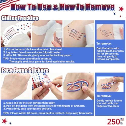 4th of July Temporary Tattoos & Face Gems Set - 6 Pcs Glitter Stickers