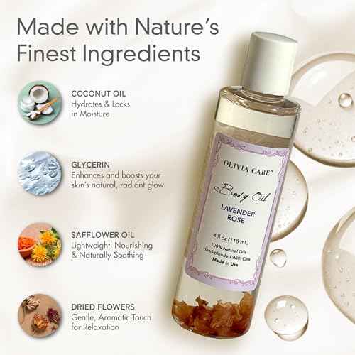 Olivia Care Body Oil Lavender Rose Vegan & Natural Perfume Oil For Women | Hydrating After Bath Oil- Infused with VITAMIN E, K & Omega Fatty Acids - Reduce Dry Skin, Anti-Aging (Lavender Rose)