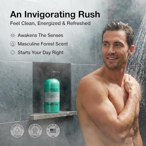 Anthony Mens Body Wash and Shampoo: Invigorating Rush 2-In-1 Liquid Gel Soap & Hair Shampoo, Pine Wood Scent, Hydrating with Eucalyptus, Canadian Balsam, Birch Leaf, Charcoal, Sea Kelp, 32 Fl. Oz