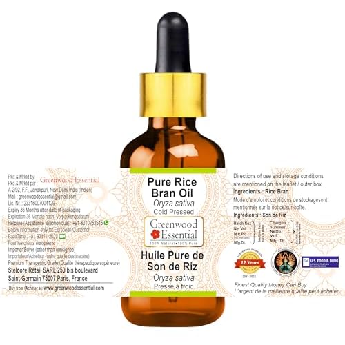 Greenwood Essential Rice Bran Oil (Oryza Sativa) with Glass Dropper | Cold Pressed | Natural | Undiluted | For Diluting Essential Oils | For Skin & Massage | Men & Women | 50ml (1.69 oz)
