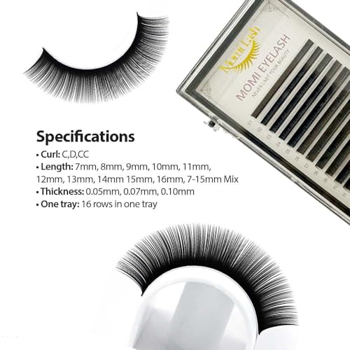 Volume Lash Extension, 0.05, 0.07, 0.10 Thickness C/D/CC Curl Mixed Premium Eyelash Extension, Professional Salon Use Soft Silk Lash Trays for Lash Extensions (Black 0.07 D, 7-15mm)