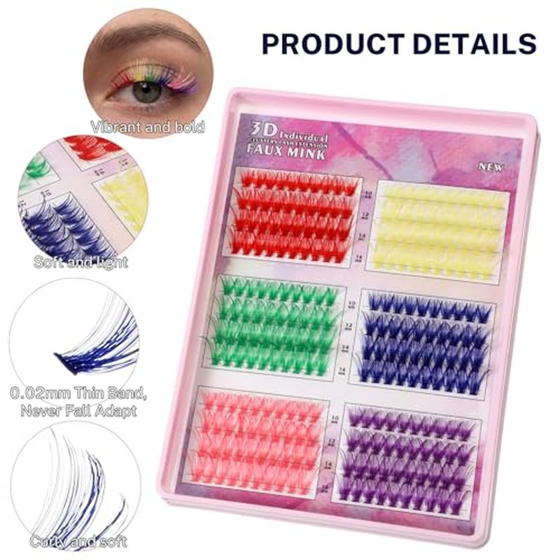 240Pcs Colored Lash Clusters 6 Colors Fake Eyelash Extension Kit 3D Individual 10mm 12mm 14mm 16mm Mixed Faux Mink Lashes C Curl Rainbow DIY Lash Clusters for Women Girls