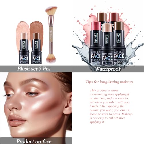 Highlighter Makeup Cream Contour Stick - Easy to Apply Natural Bronzer Stick & Blush Stick Non-greasy & Waterproof Blush for Cheeks Face Beauty Makeup Kit(Including Makeup Blush)