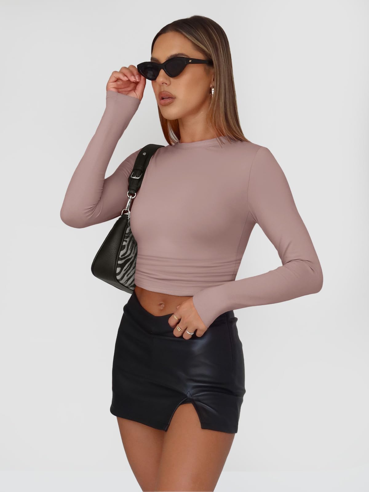 Trendy Queen Womens Long Sleeve Shirts Basic Spring Crop Tops Tees Tight Slim Fit Cute Going Out Outfits Teen Girls Fall Winter Y2k Clothes 2024 Latte XS