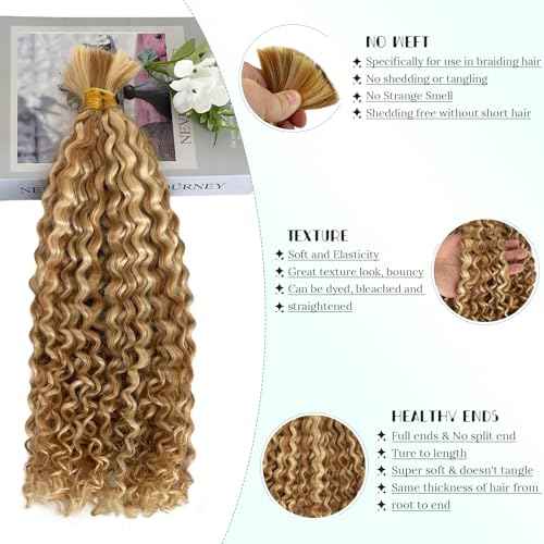 Blonde Colored Human Hair Braiding Hair Wet and Wavy Bulk Boho Hair for Braiding 150G Long 30 Inch No Weft Knotless Wet and Wavy Bundles Real Human Hair Extensions 3 Braids/Pack