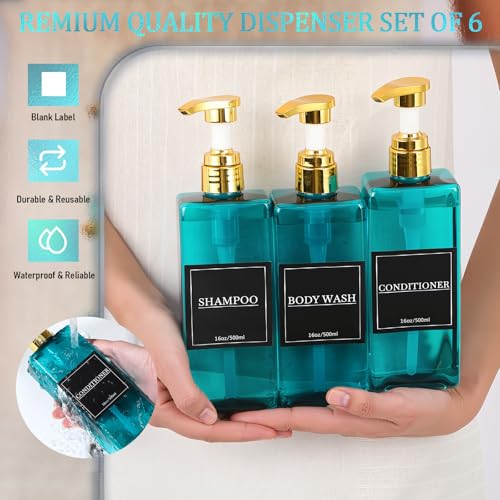 Gejoy 12 Pack Blue Shampoo and Conditioner Dispenser Bottles, 17 Oz/ 500ml Refillable Empty Pump Bottles with Labels and Marker Pen, Plastic Square Pump Dispenser Bottle for Bathroom Body Wash Shower