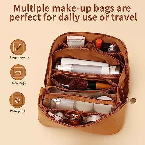 3 Pcs Travel Makeup Bag Portable Large Capacity Cosmetic Bags for Women Open Flat Makeup Case Organizer Bag Set of 3 Waterproof PU Leather Toiletry Bags with Divider and Handle (Brown, Medium)