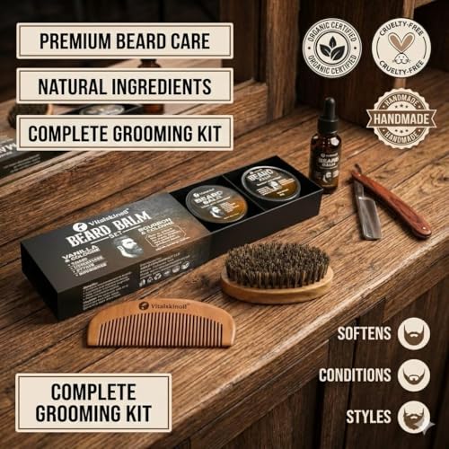 Beard Balm Set, Vanilla and Bourbon Cologne Scents, Natural Oils and Butters for Styling, Taming and Nourishing, 2x50g/1.76oz
