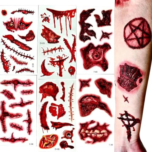 Halloween Scar Temporary Tattoos, 3D Waterproof Prank Zombie Party Temporary Tattoo Sticker, Realistic Simulation Blood Wound Stitch Tattoo Sticker (Halloween Scar T Series 20PC)