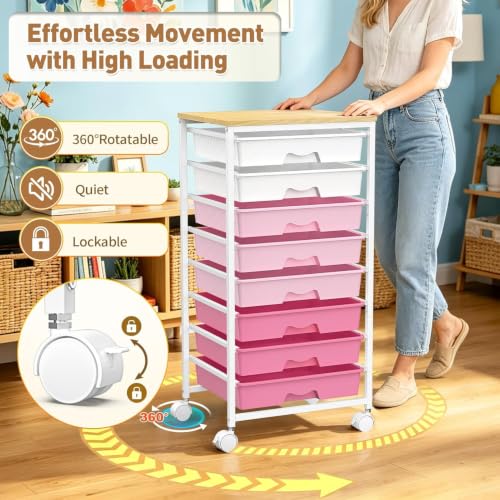 SUNALLY Pink 8-Drawer Rolling Cart with Wooden Top, Anti-Drop Strength, Craft & Office Storage