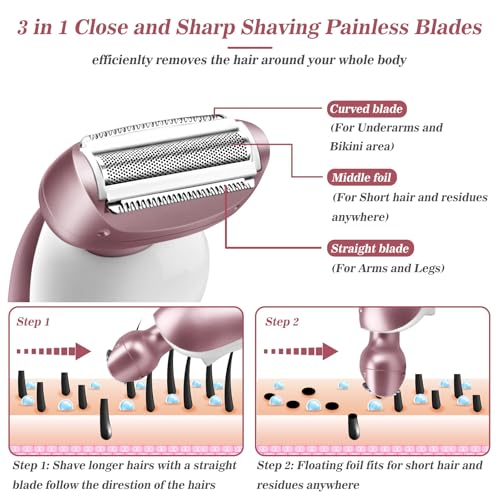 Women’s Electric Shaver for Legs Bikini Trimmer Waterproof Painless Cordless Pink - Rechargeable