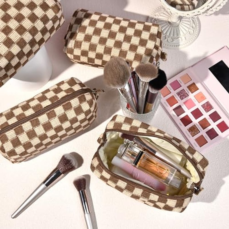 Brown Checkered Makeup Bag 7x4 - Set of 6 Cosmetic Organizers