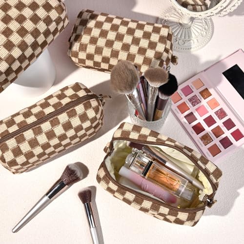 SOIDRAM Checkered Makeup Bag Preppy Cosmetic Bulk Brown Pouch