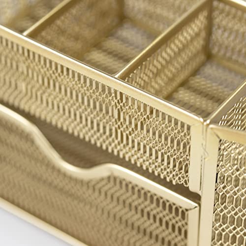 Gold Desk Organizer Set with Drawer - Metal Mesh Storage for Office
