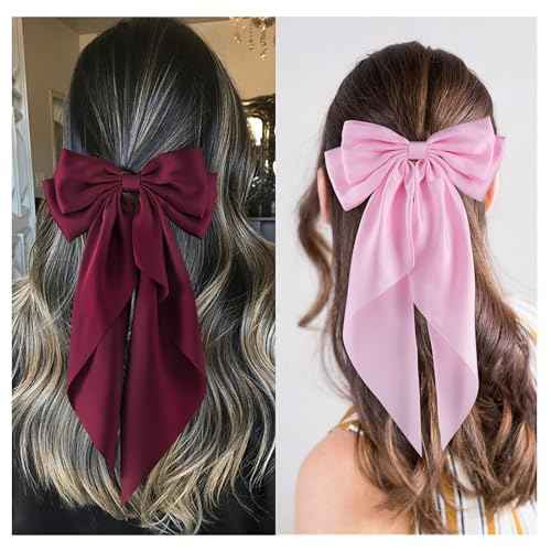 6Pcs Large Bows Hair Clips for Women Girls Long Tail Hair Ribbon Silky Satin Barrettes Coquette Bows Accessories (Black/Pink/Red/White)