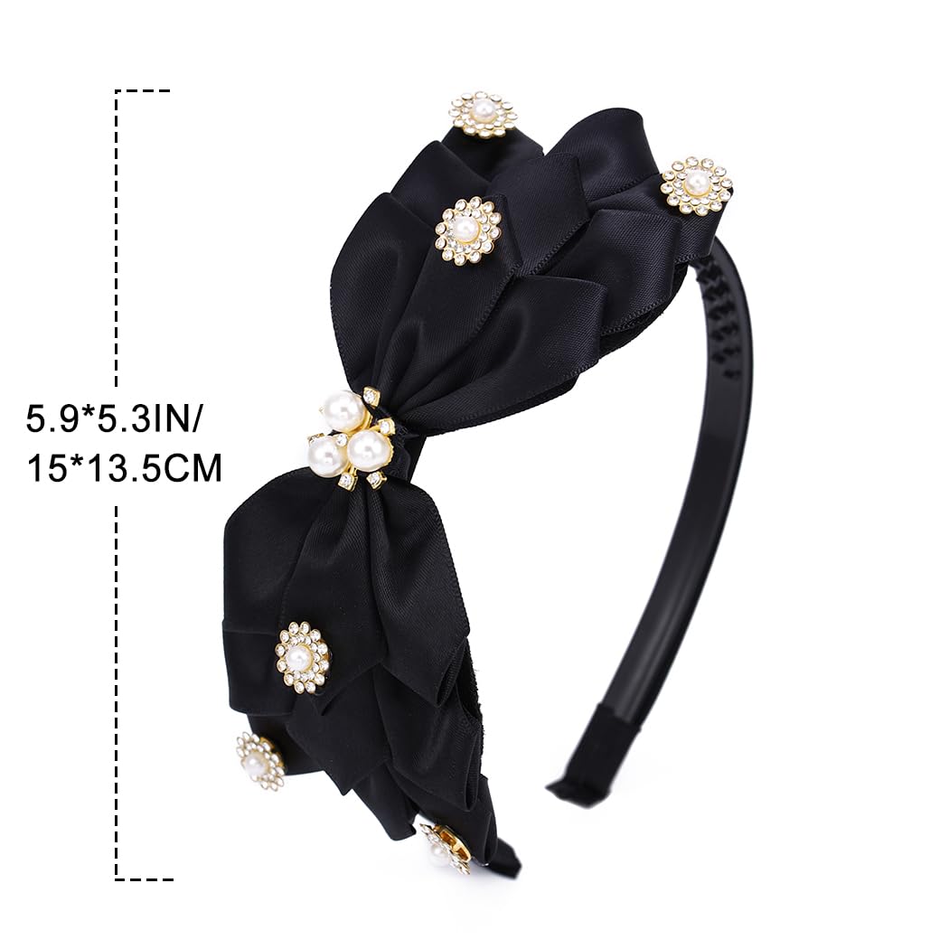 Yovic Bow Headbands Pearl Rhinestone Hairbands Black Red Headpieces Teeth Comb Bowknot Hair Accessories for Women and Girls (Black)