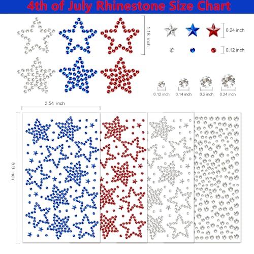 Go Ho 4th of July Star & Round Face Gems, 4 Sheets Self-Adhesive Patriotic Rhinestones – 02 Style