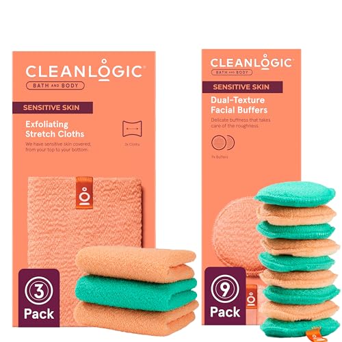 Cleanlogic Daily Skincare Set for Sensitive Skin ? 3 Exfoliating Body Cloths + 9 Gentle Makeup Remover Facial Pads, Soft Texture for Smoothing & Cleansing