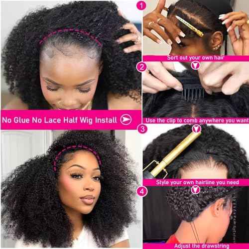 Kinky Curly Half Wig Human Hair 200% Density 3 In 1 Seamless Clip Ins Flip Over Half Wig Wear and Go Glueless Wigs Human Hair for Women Drawstring Headband Wig Beginner Friendly (Black, 18 Inch)