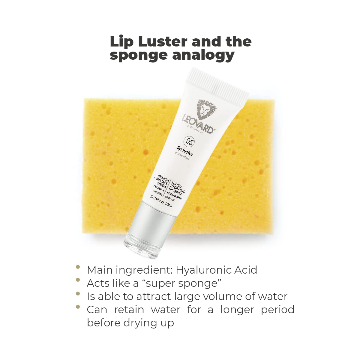 Leovard Lip Luster Hyaluronic Acid Lip Hydrating Lip Serum Balm - Organic Natural Lip Hydrating Treatment, Moisturizing Lip Serum, Reduce Dryness Lip Lines Lip Enhancer For Fuller Plump Lips (1 Pack)