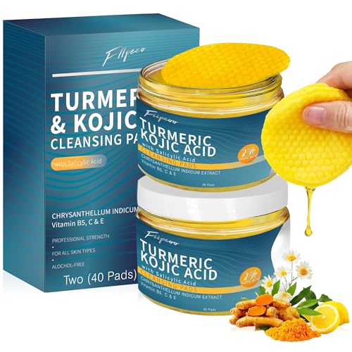 Turmeric Kojic Acid Cleansing Pads - 80 Pcs in 2 Jars - Exfoliating & Hydrating Turmeric Cleansing Pads for Face
