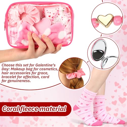 48 Pcs Galentine's Day Gifts Valentine's Pink Gift for Women Include Fluffy Socks Compact Mirrors Makeup Bags Headbands Scrunchies Greeting Cards Heart Keychains Bracelet for Party Supply