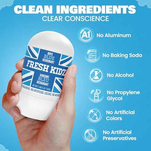 Fresh Kidz Roll On Deodorant for Kids and Teens - Baking Soda and Aluminum-free 24 Hour Protection for Sensitive Skin - Boys "Blue" 1.86 fl.oz. (2 Pack)