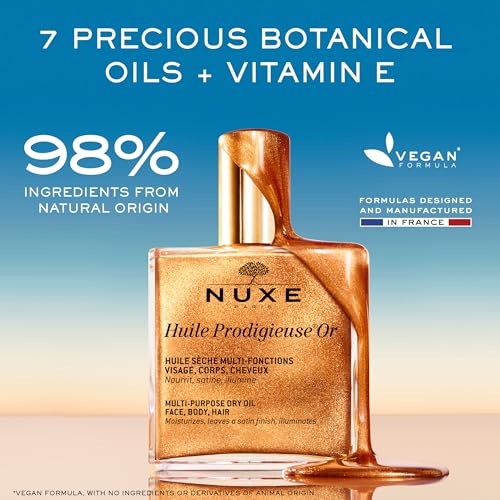 NUXE Huile Prodigieuse Shimmer Multi-Purpose Dry Oil - Luxurious Radiant Glow and Hydration for Face, Body & Hair