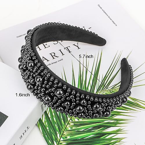 Jaciya Pearl Headbands for Women Beaded Wide Headband Black Pearl Headband Bridal Pearl Hair Accessories Women's Fashion Hairbands