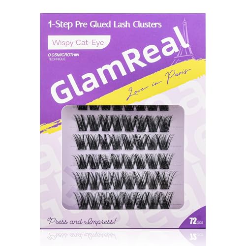 Press-On No Glue Needed Lash Clusters 72Pcs?Self Adhesive Eyelashes 10-16mm?Wispy Cateye Look?Reusable & No Residue?Beginner Friendly Extension Kit by GlamReal