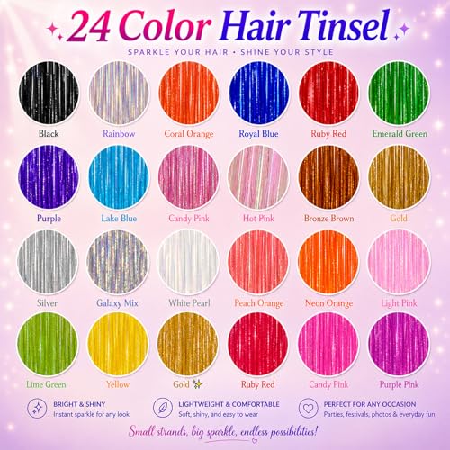 Hair Tinsel Kit 20 Colors 48" Strands Heat Resistant Extensions