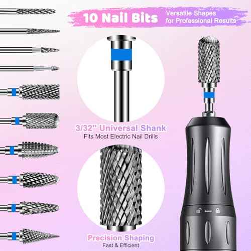 CGBE Nail Drill Bits Set: 10PCS Tungsten Carbide Nail Drill Bits for Acrylic Nails, 3/32'' Shank Professional Nail Bits for Nail Drill Cuticle Drill Bit for Home Salon Nail Enthusiasts Manicurist