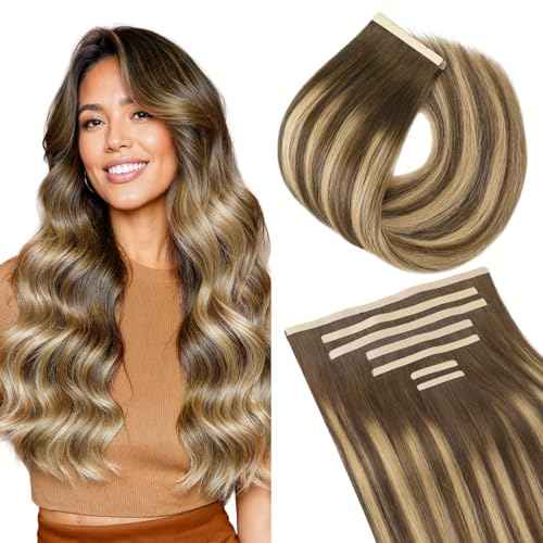 GOO GOO Tape in Hair Extensions Human Hair, 4/27/4 Balayage Chocolate Brown to Caramel Blonde, 8"/6"/4"/1.5" Wide Tape, 18inch 7pcs 110g, Tape Weft Hair Extensions, Real Human Hair, Seamless Tape in