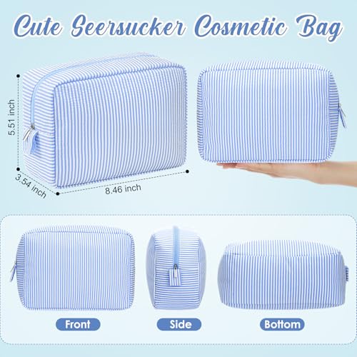 Sanwuta 9 Seersucker Cosmetic Bag Bulk Pinstripe Makeup Bag for Women Aesthetic Cute Travel Toiletry Organizer Preppy Storage Pouch for Wedding Bridesmaid Christmas Gift (Large,Blue)
