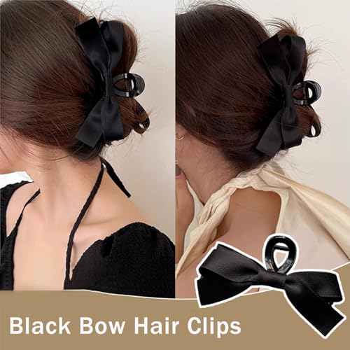 Black Bow Claw Clips for Women, Non-slip Large Bow Hair Clips, Suitable for Thick and Thin Hair, Hair Accessories for Ladies and Girls (Black-Glossy)