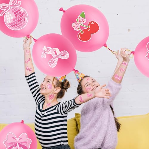 Pink Bow Party Favors Set - 24 Punch Balloons & 48 Tattoos