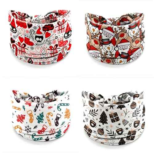 Christmas Headbands for Women Girls ? 4 Pack Unique Elastic Hair Bands with Cute Santa, Candy Cane, Reindeer & Chic Black Gold Holiday Prints, Fun Holiday Accessories for Party Winter Wear