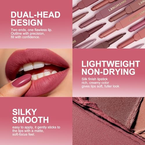 LANGMANNI 2-in-1 Lipstick & Lip Liner Set - 2 Colors | Matte Long-Lasting Makeup Kit #5+6