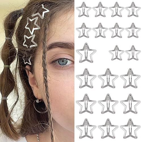 Star Hair Clips 2000s Y2K Snap Hair Barrettes Non Slip Star Hair Accessories Silver Metal Hair Clips for Girls Women -20 PCS 1.18", 1.57"