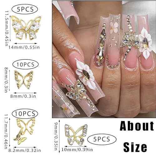 RODAKY 30PCS Butterfly Nail Charms Gold Butterflies Nail Art Jewelry 3D Butterfly Nail Gems Rhinestone for Nails Manicure DIY Accessories for Women and Girls