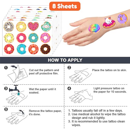 96 PCS Donut Temporary Tattoos for Kids - Waterproof Party Favors