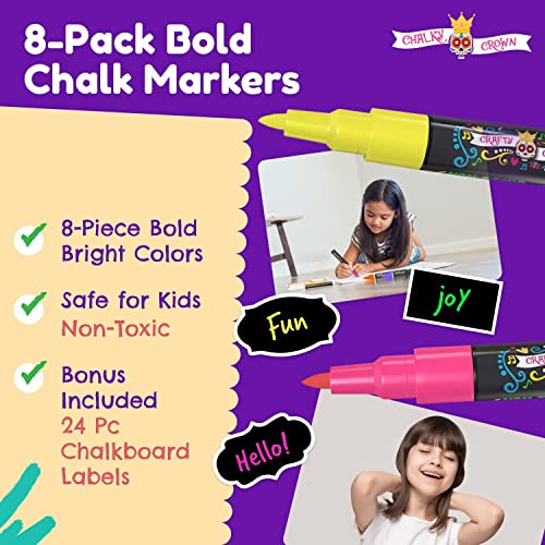 CHALKY CROWN Bold Chalk Markers - Dry Erase Marker Pens - Liquid Chalk Markers for Chalkboards, Signs, Windows, Blackboard, Glass - Reversible Tip (8 Pack) - (Multicolored, 1mm)